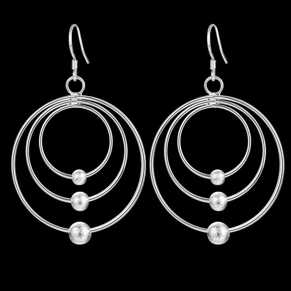 Gorgeous 3 Circles with Beads Hanging Earrings, Sterling Silver "Hypoallergenic" - Picture 3 of 8
